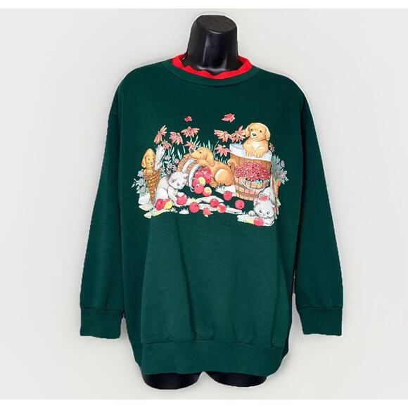 VTG Basic Editions LG Green Crew Boxy Ugly Sweater Holiday Puppy Kitten Winter - Picture 1 of 8